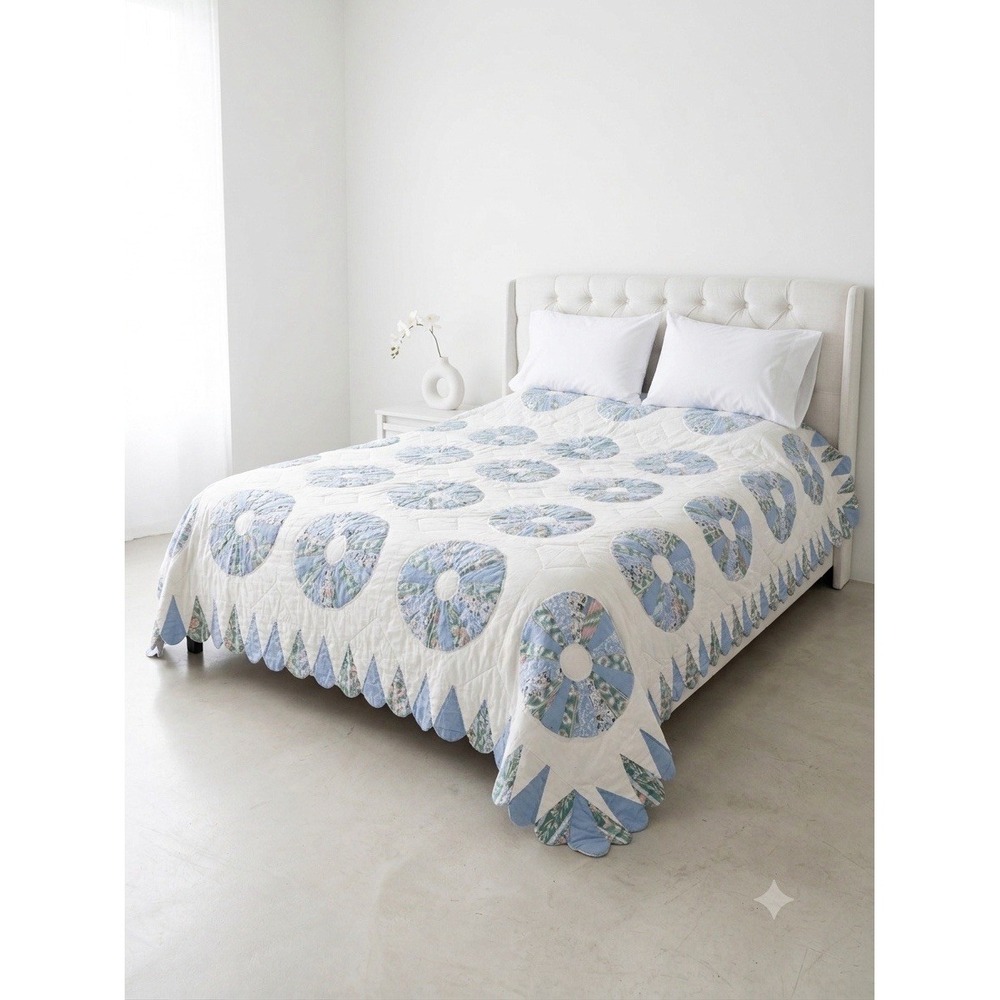 Blue Floral Dresden Plate Quilt Vintage‎ Handmade Patchwork 80x80 Full/Queen